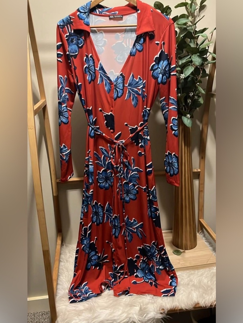 Zara Floral Shirt/Button Down Maxi Dress - Burnt Orange with Blue Floral